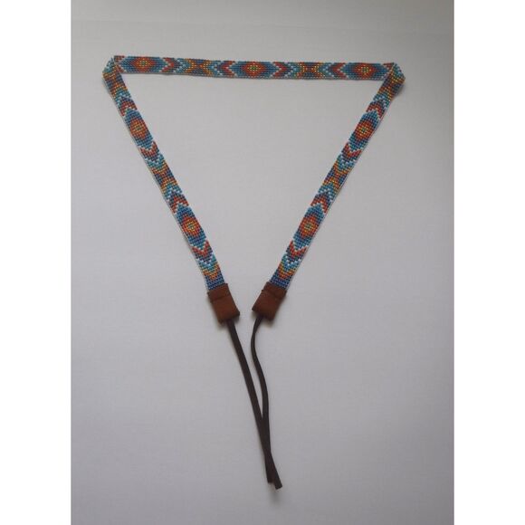 Beaded Hat Band Blue, Orange, Teal, White & Gold w/ Leather - Picture 2 of 5